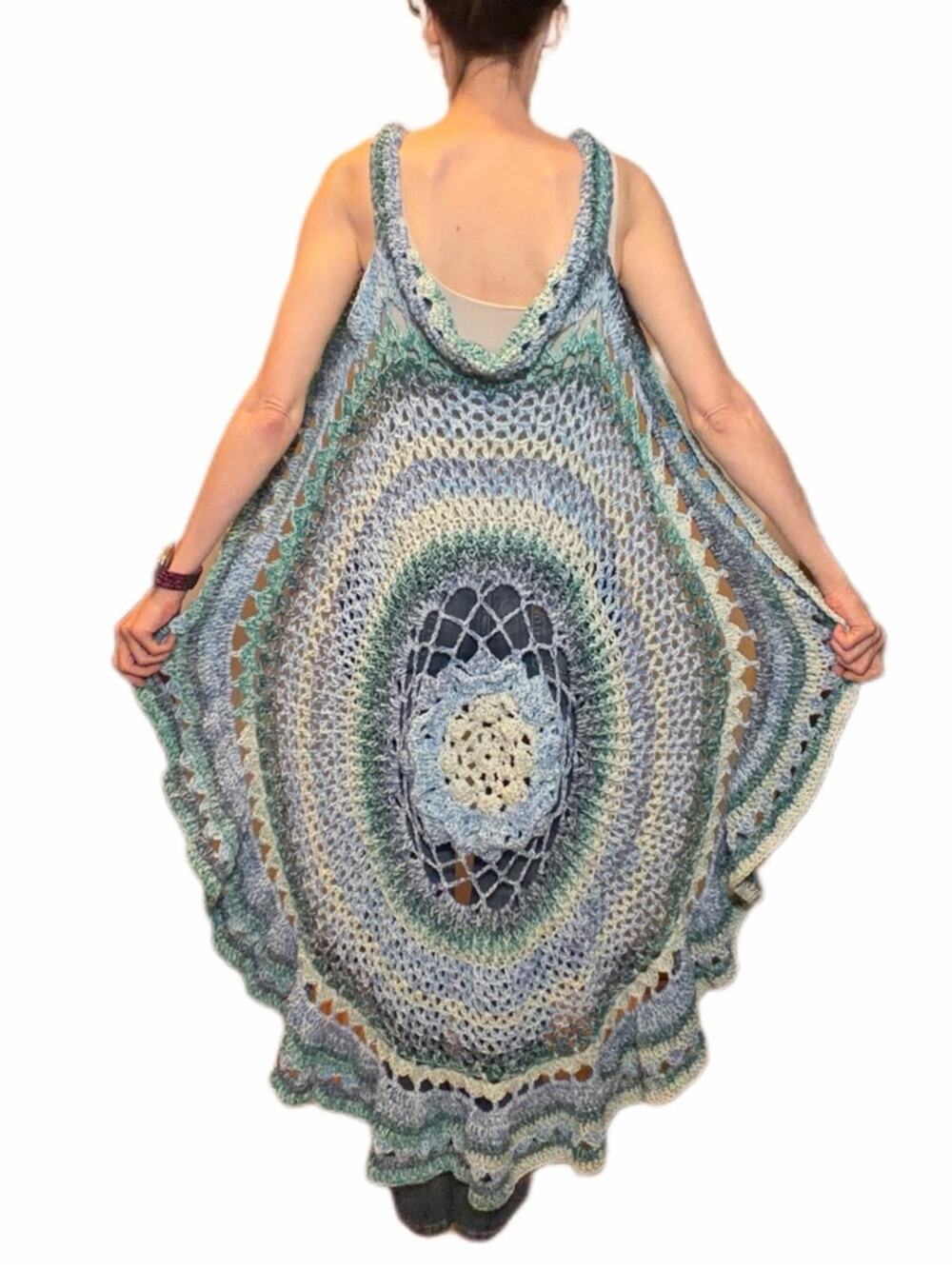 Mandela vest crochet handmade acrylic green and blue Spring sun